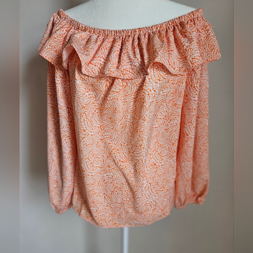 Michael Michael Kors LG Ruffle Neck Off Shoulder Orange Paisley Top Fairy Boho